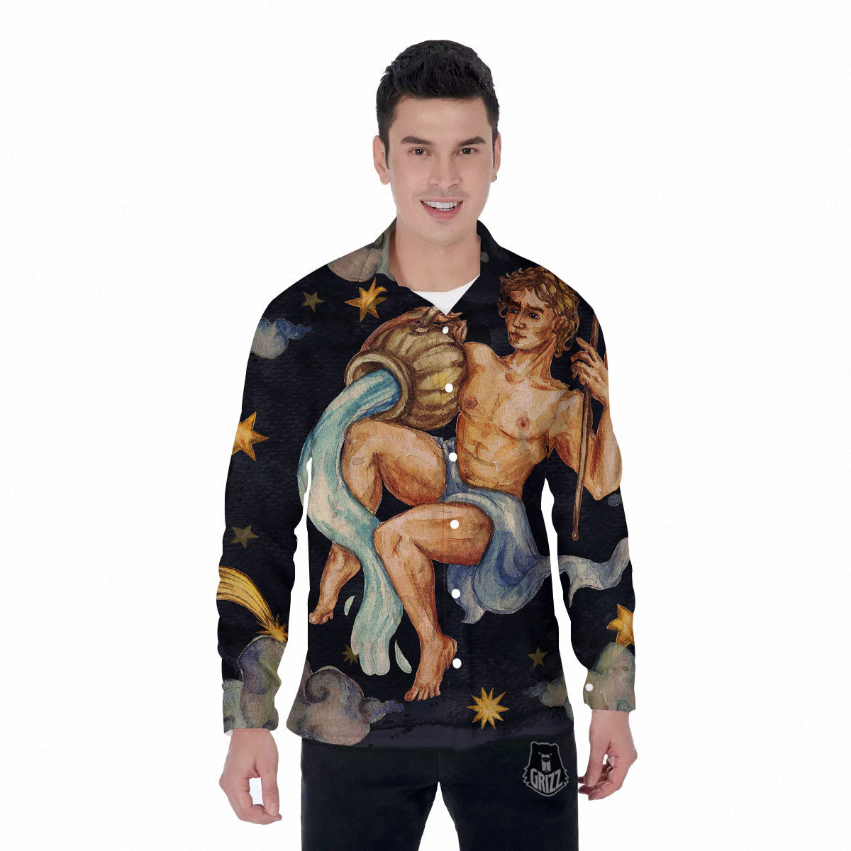 Zodiac Sign Watercolor Aquarius Print Men's Long Sleeve Shirts-grizzshop