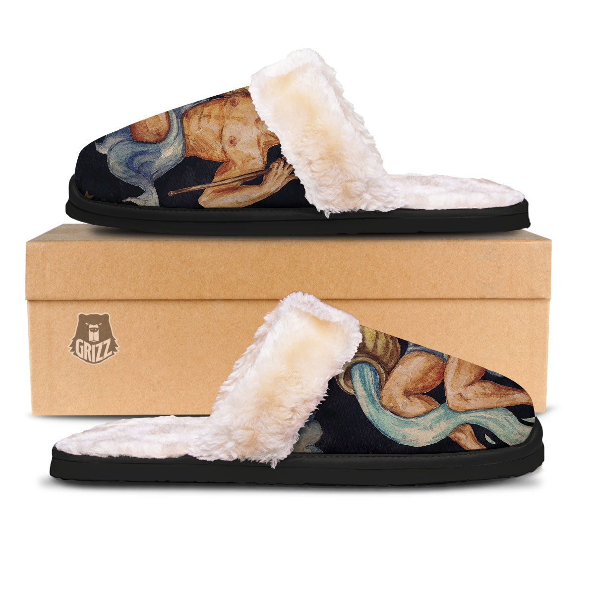 Zodiac Sign Watercolor Aquarius Print Slippers-grizzshop