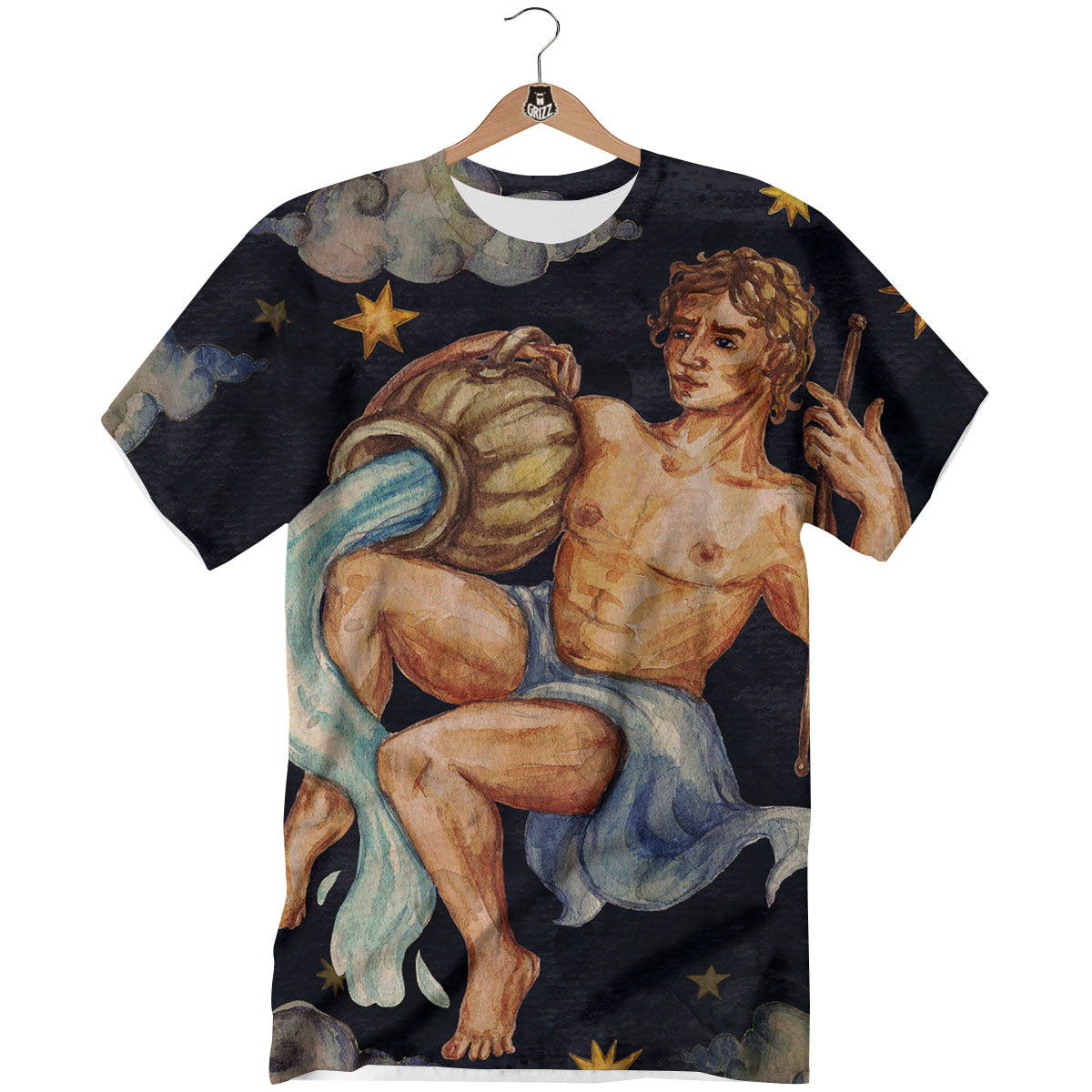Zodiac Sign Watercolor Aquarius Print T-Shirt-grizzshop