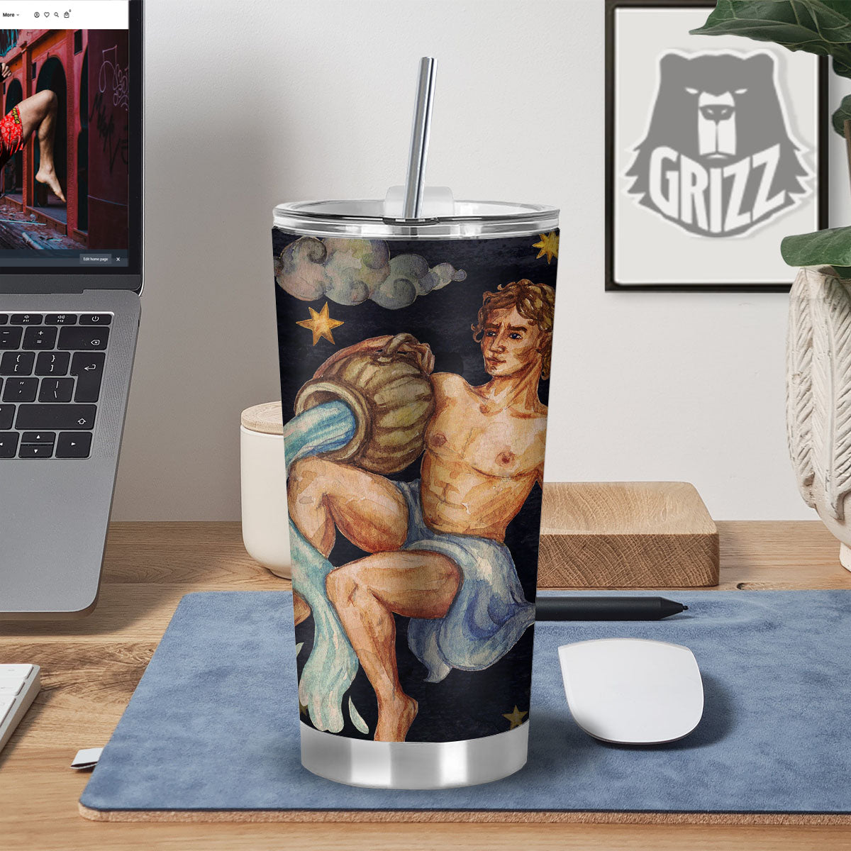 Zodiac Sign Watercolor Aquarius Print Tumbler-grizzshop