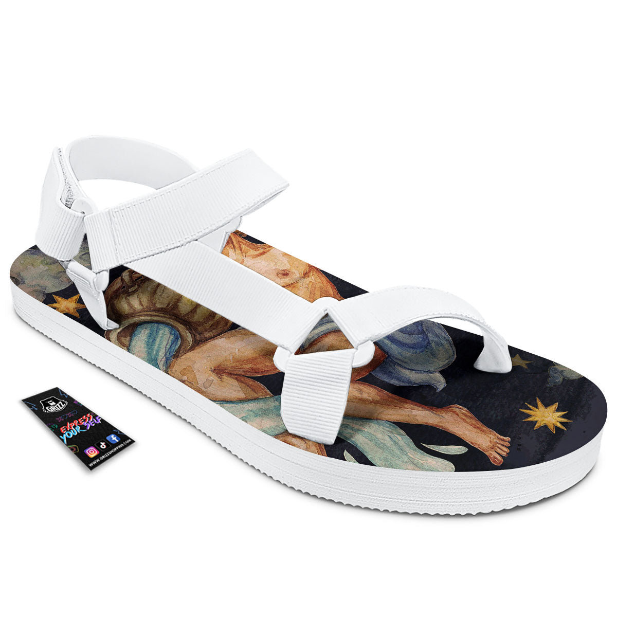 Zodiac Sign Watercolor Aquarius Print White Open Toe Sandals-grizzshop