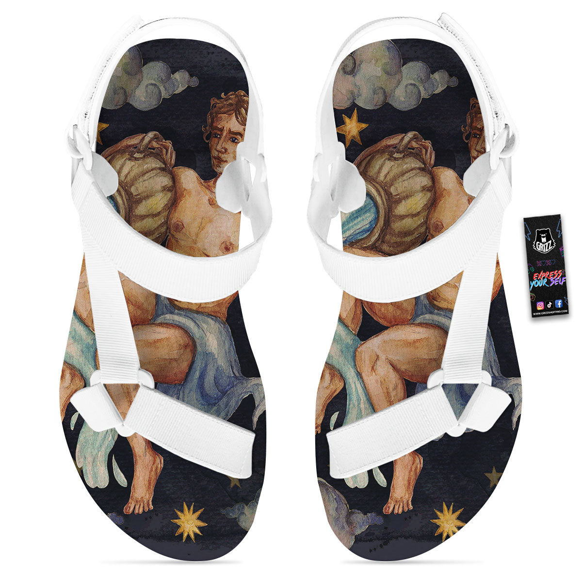 Zodiac Sign Watercolor Aquarius Print White Open Toe Sandals-grizzshop