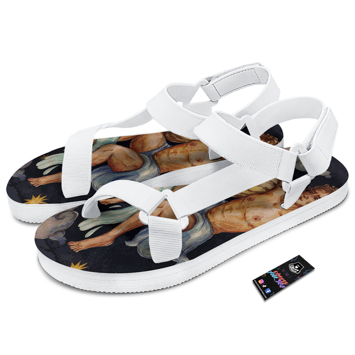 Zodiac Sign Watercolor Aquarius Print White Open Toe Sandals-grizzshop