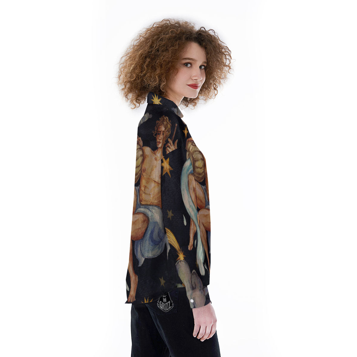 Zodiac Sign Watercolor Aquarius Print Women's Long Sleeve Shirts-grizzshop