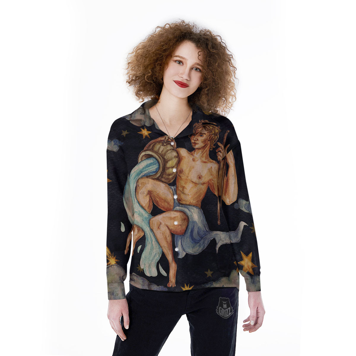 Zodiac Sign Watercolor Aquarius Print Women's Long Sleeve Shirts-grizzshop