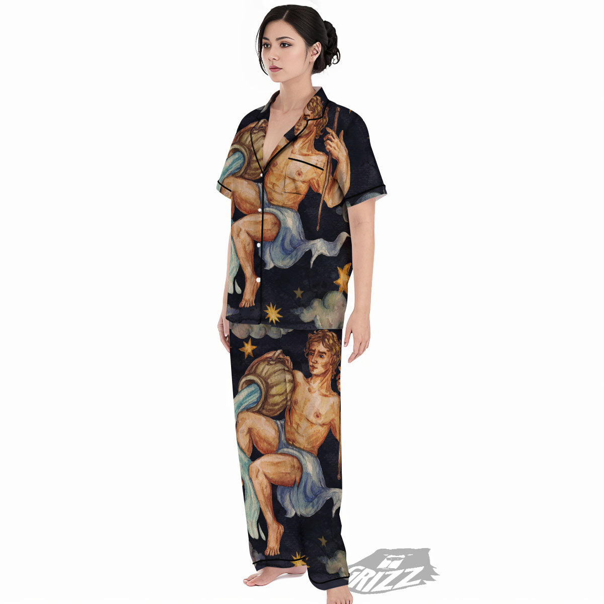 Zodiac Sign Watercolor Aquarius Print Women's Pajamas Set-grizzshop