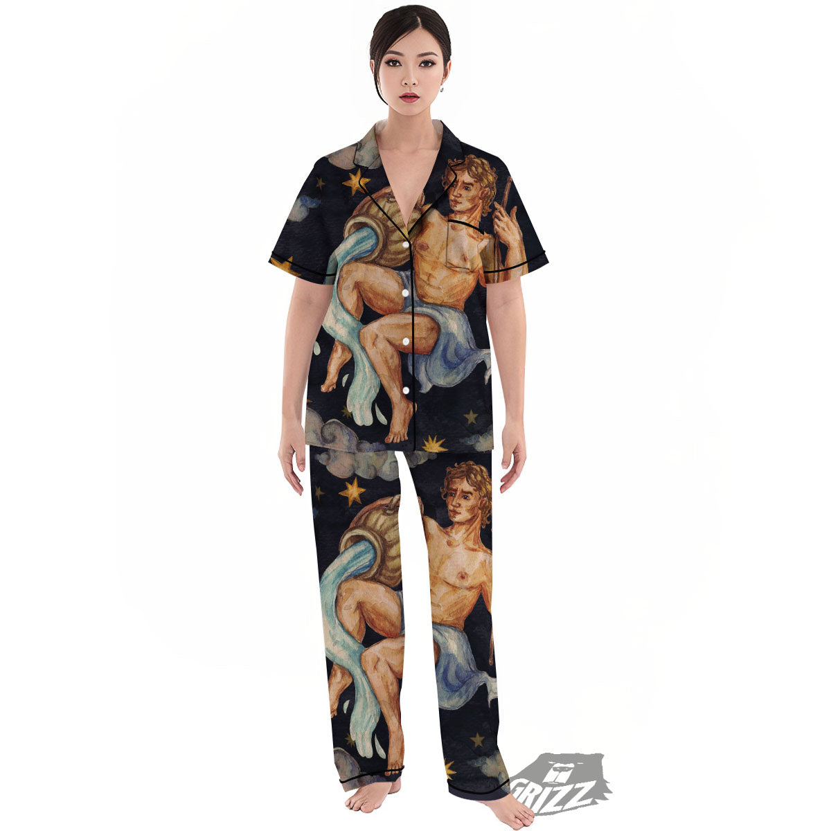 Zodiac Sign Watercolor Aquarius Print Women's Pajamas Set-grizzshop