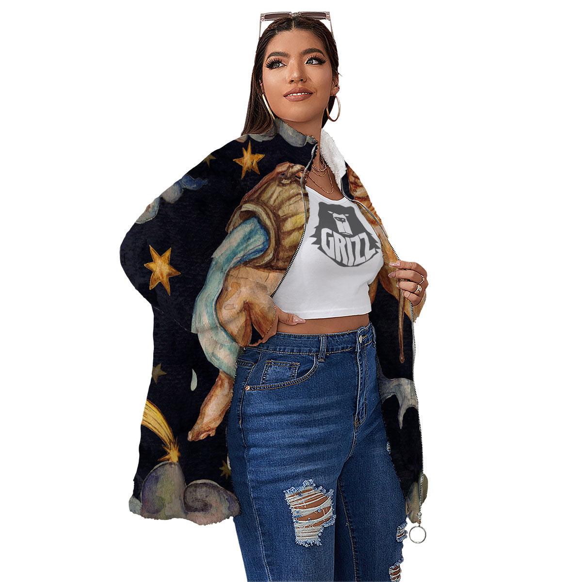 Zodiac Sign Watercolor Aquarius Print Women's Sherpa Jacket-grizzshop