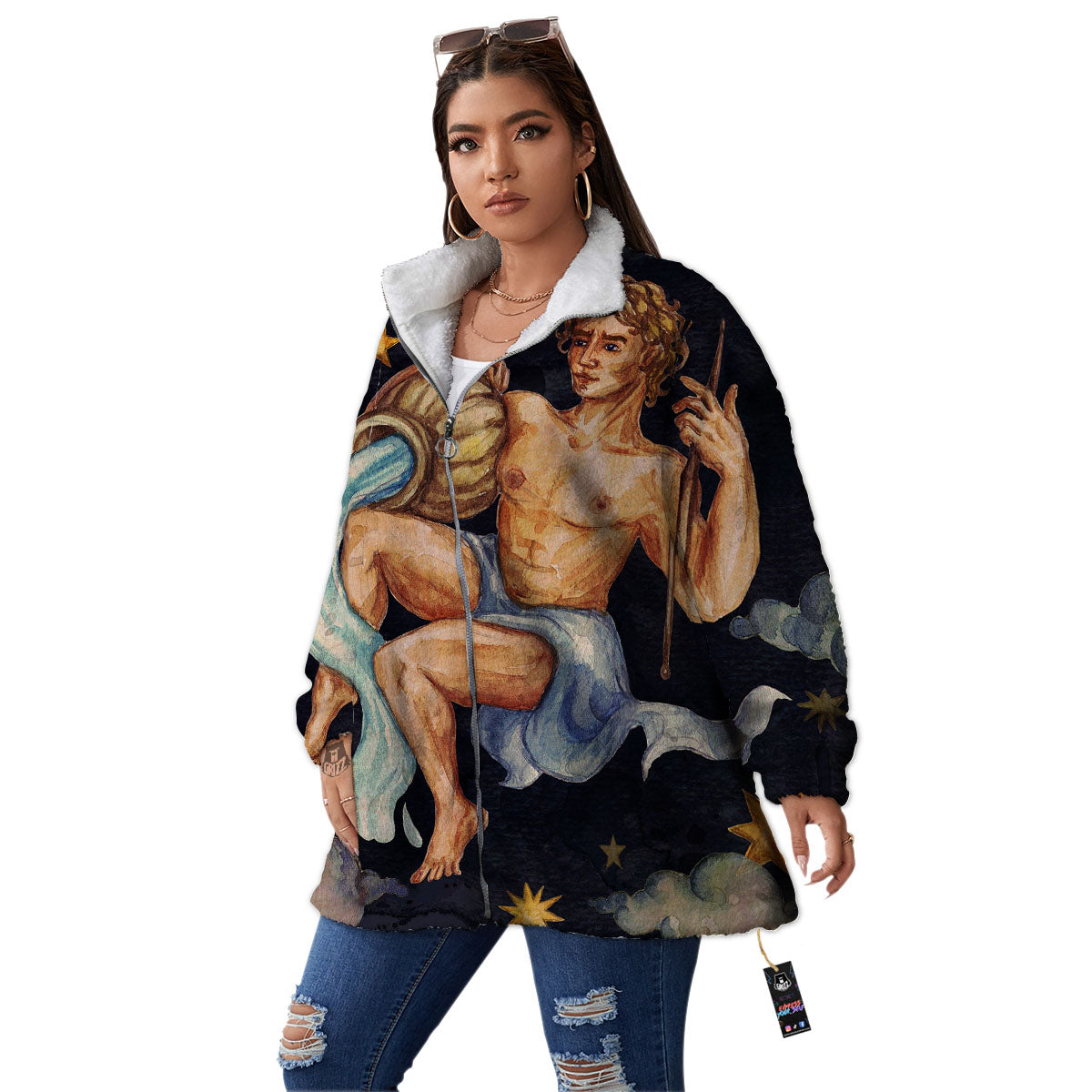 Zodiac Sign Watercolor Aquarius Print Women's Sherpa Jacket-grizzshop