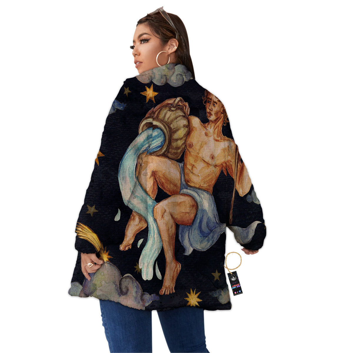 Zodiac Sign Watercolor Aquarius Print Women's Sherpa Jacket-grizzshop