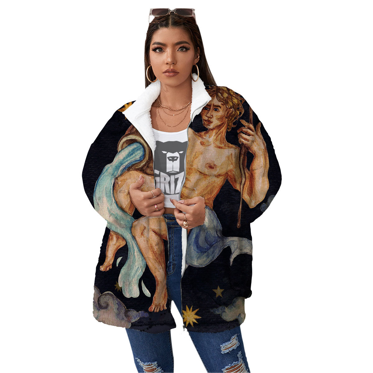 Zodiac Sign Watercolor Aquarius Print Women's Sherpa Jacket-grizzshop