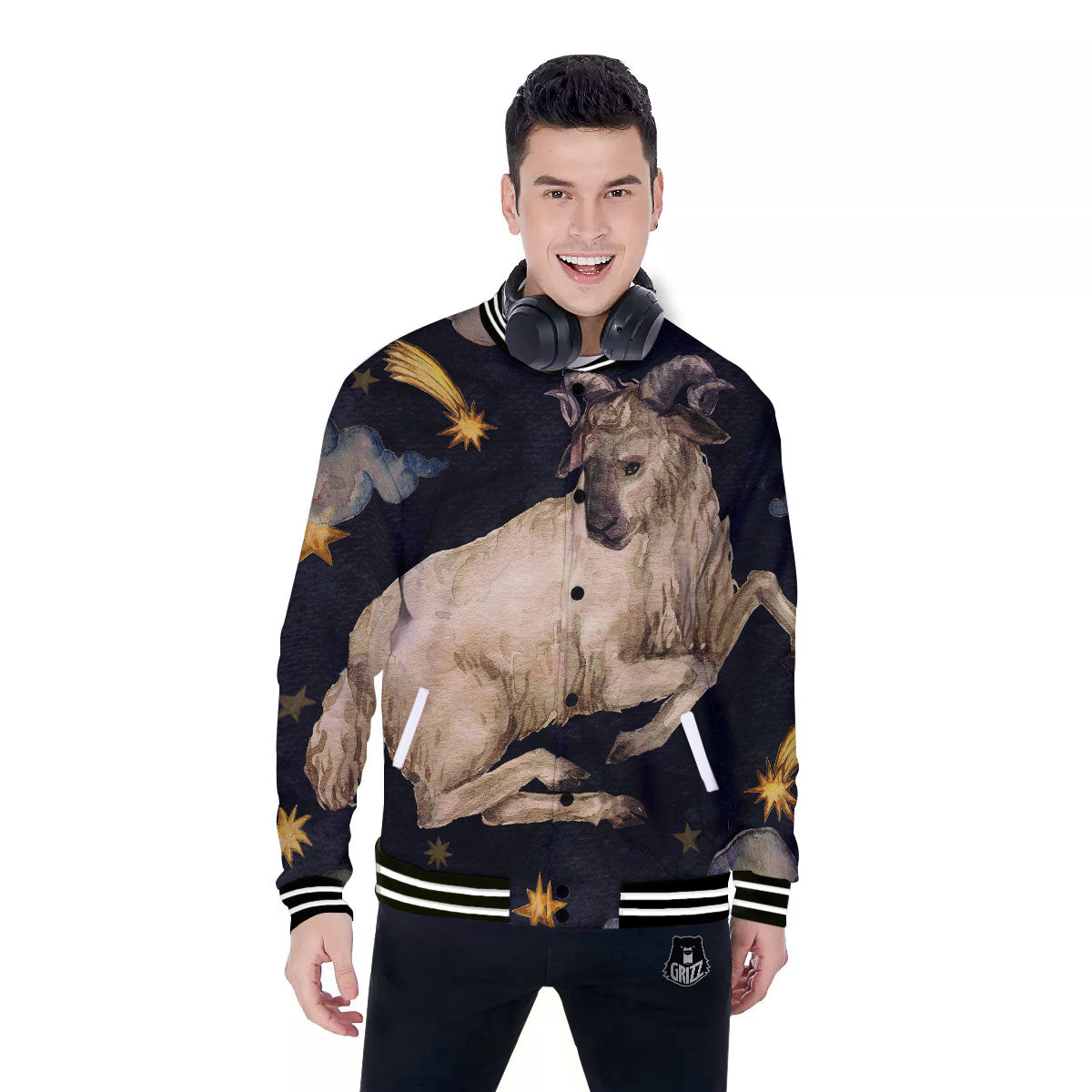 Zodiac Sign Watercolor Aries Print Baseball Jacket-grizzshop