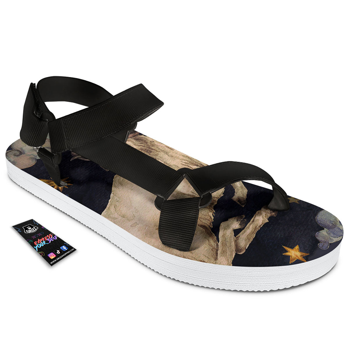 Zodiac Sign Watercolor Aries Print Black Open Toe Sandals-grizzshop
