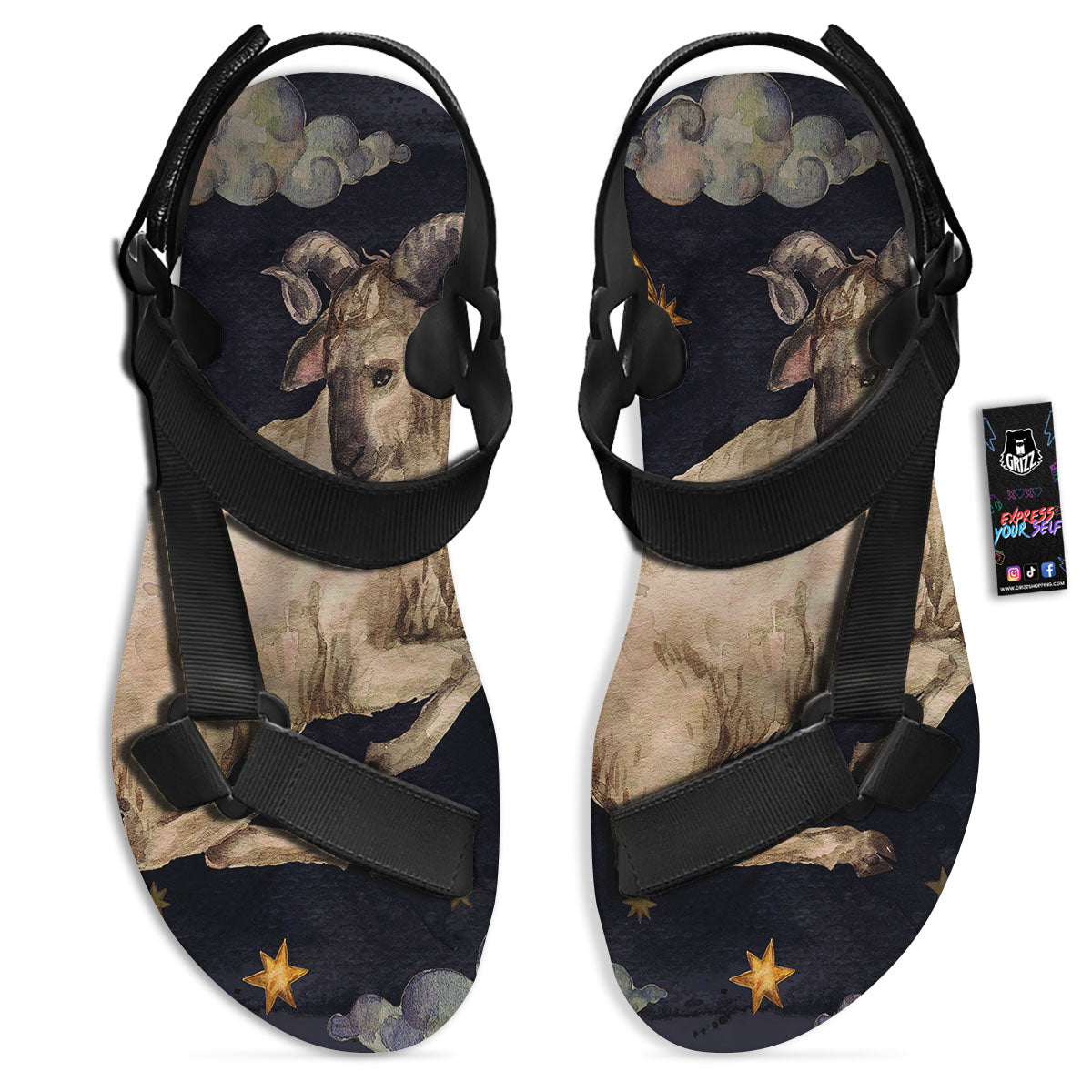 Zodiac Sign Watercolor Aries Print Black Open Toe Sandals-grizzshop