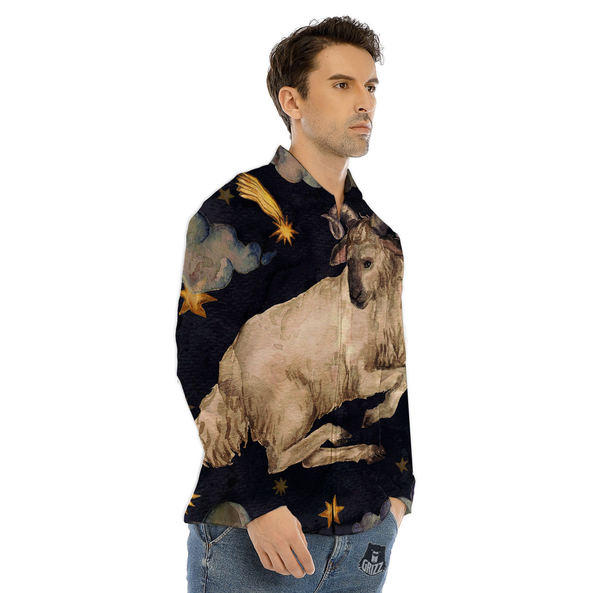 Zodiac Sign Watercolor Aries Print Men's Dress Shirts-grizzshop