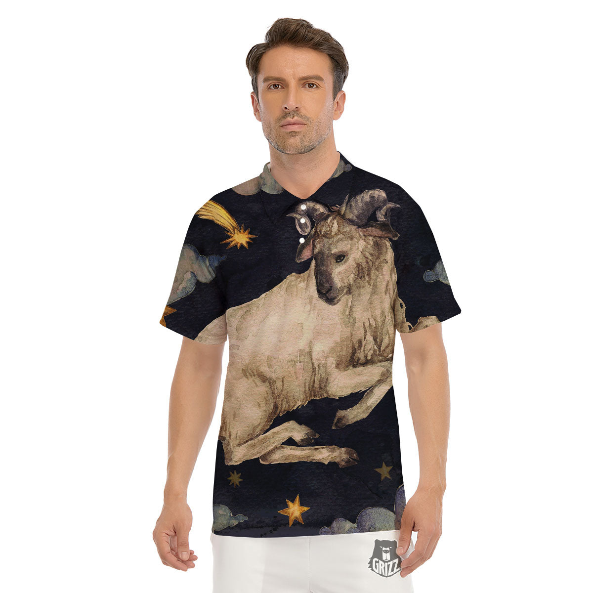 Zodiac Sign Watercolor Aries Print Men's Golf Shirts-grizzshop