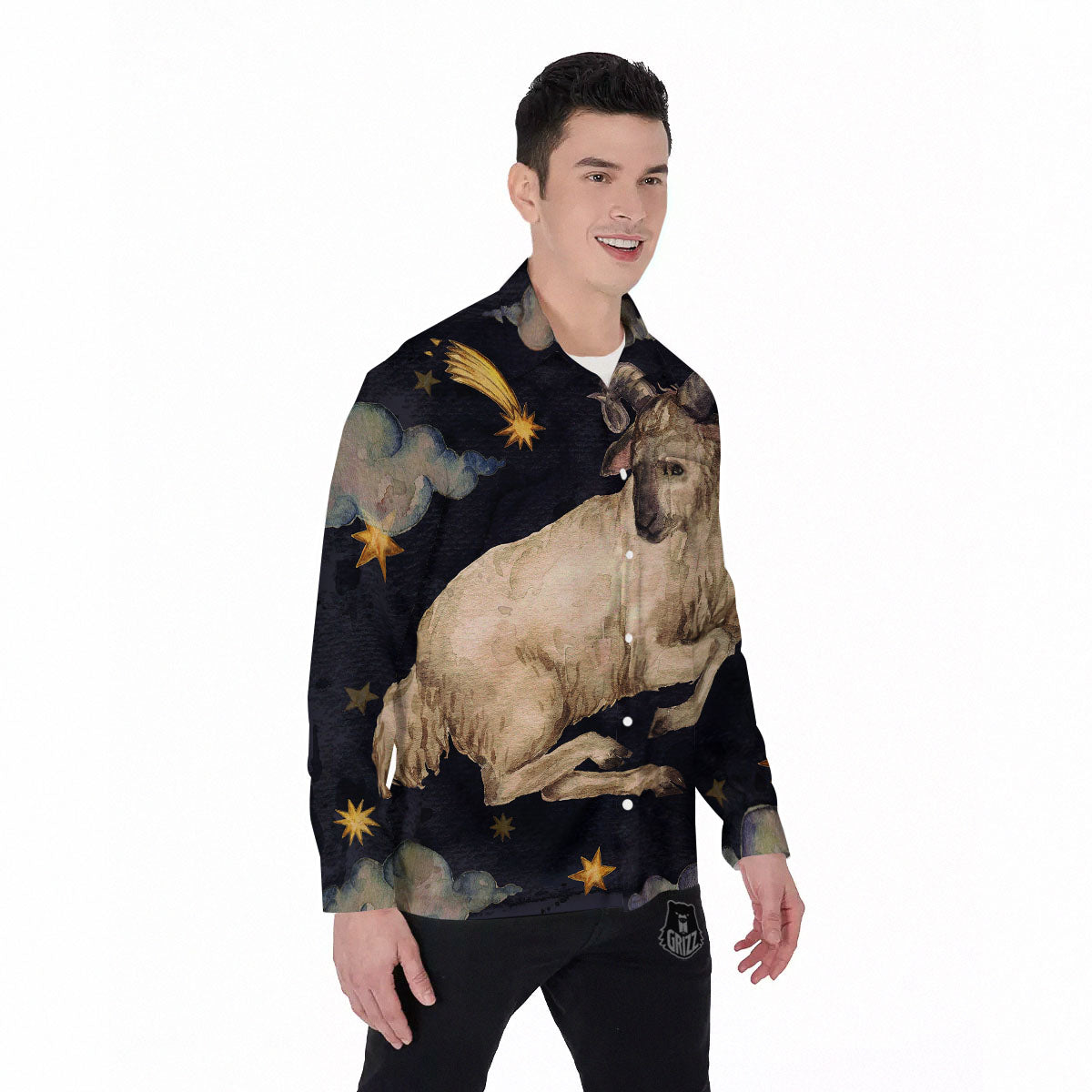 Zodiac Sign Watercolor Aries Print Men's Long Sleeve Shirts-grizzshop