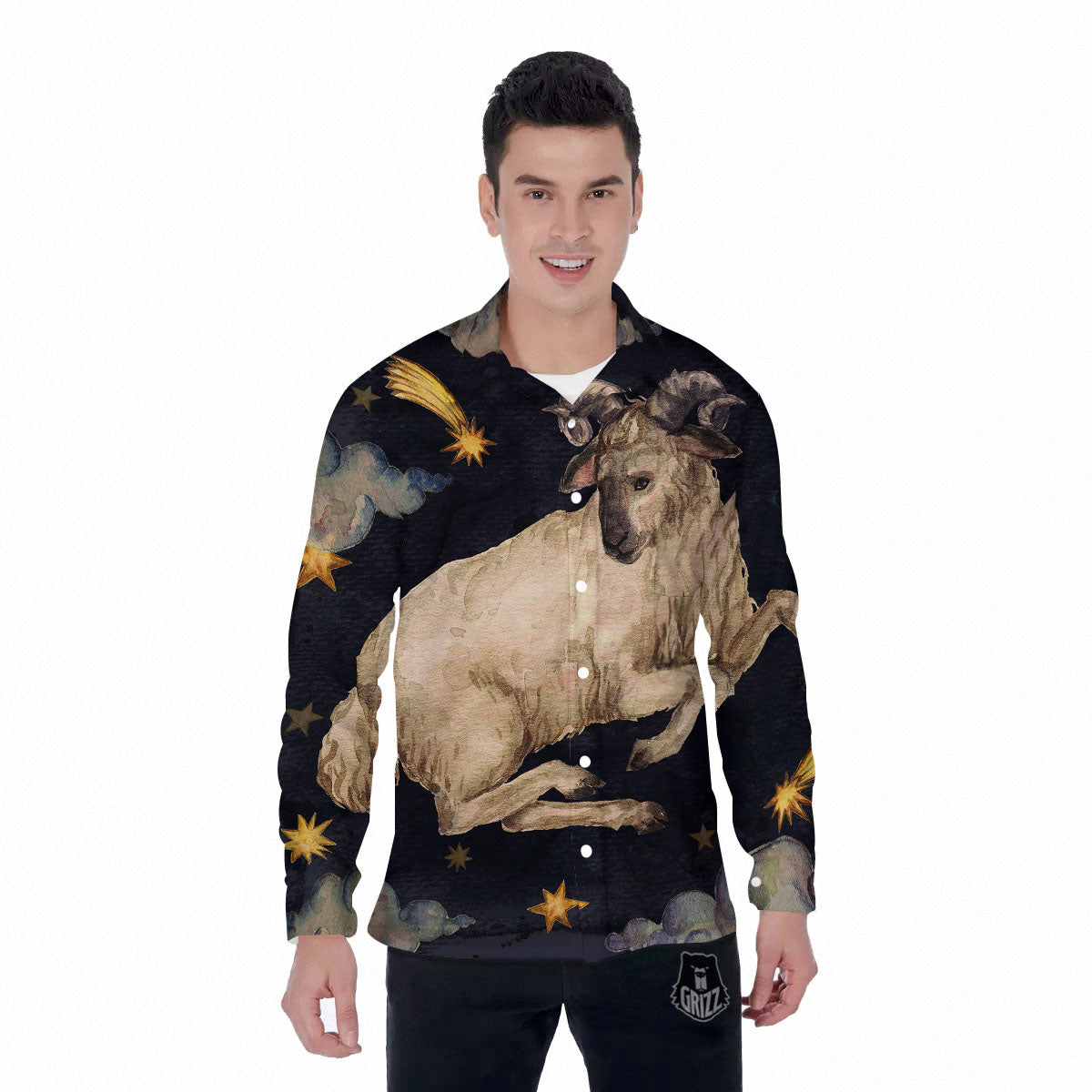 Zodiac Sign Watercolor Aries Print Men's Long Sleeve Shirts-grizzshop