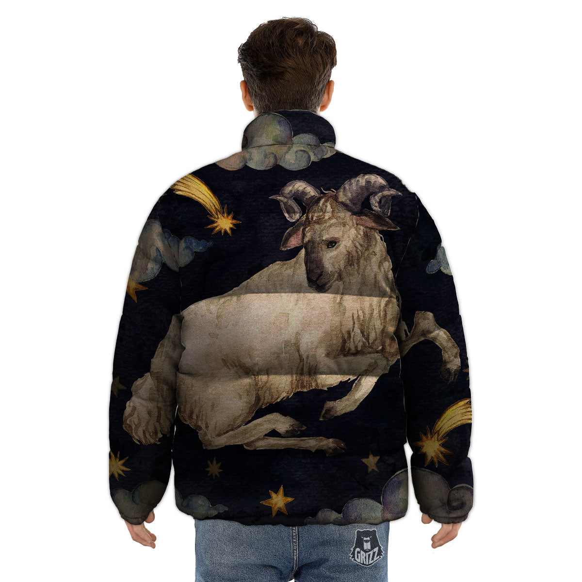 Zodiac Sign Watercolor Aries Print Puffer Jacket-grizzshop