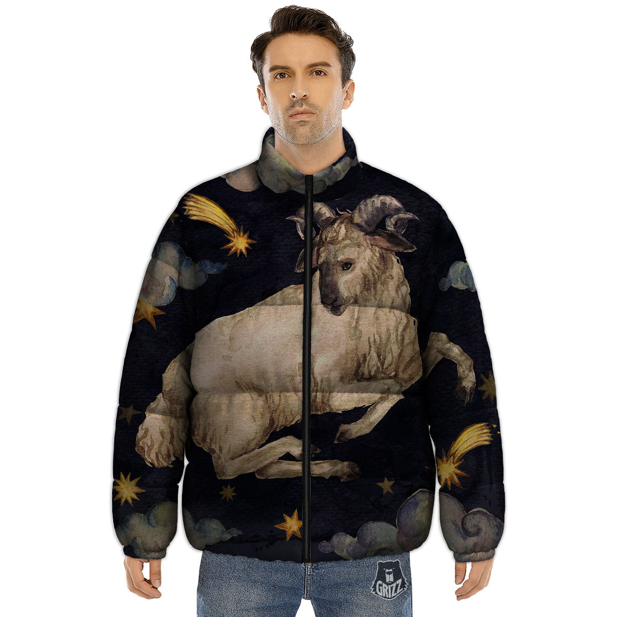 Zodiac Sign Watercolor Aries Print Puffer Jacket-grizzshop