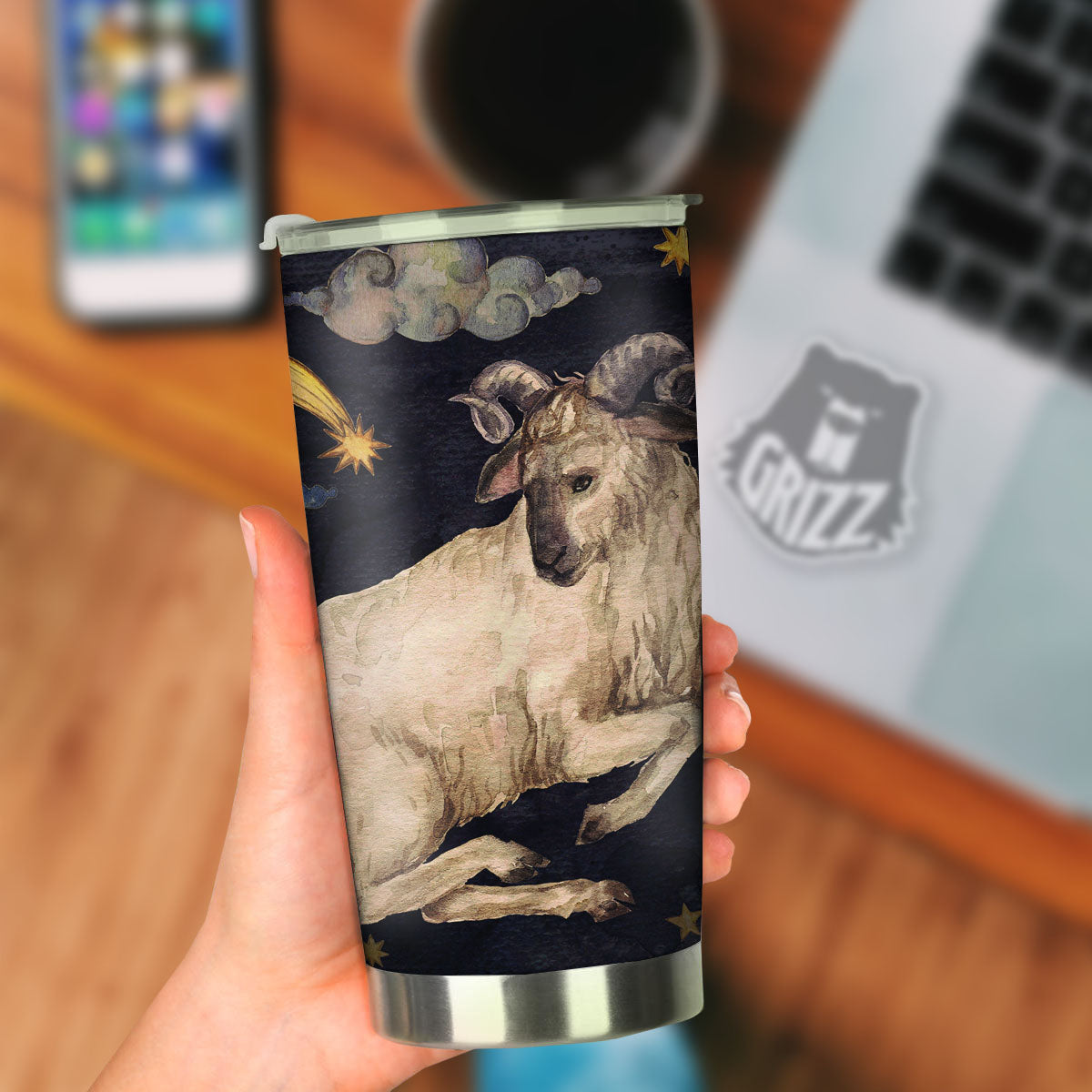 Zodiac Sign Watercolor Aries Print Tumbler-grizzshop