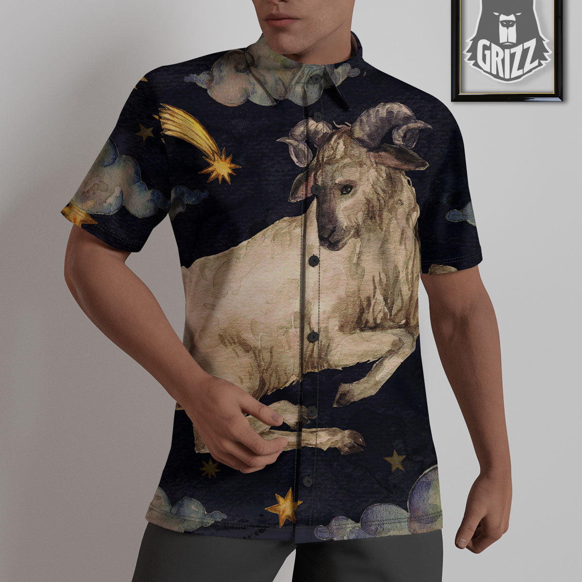Zodiac Sign Watercolor Aries Print Untucked Shirts-grizzshop