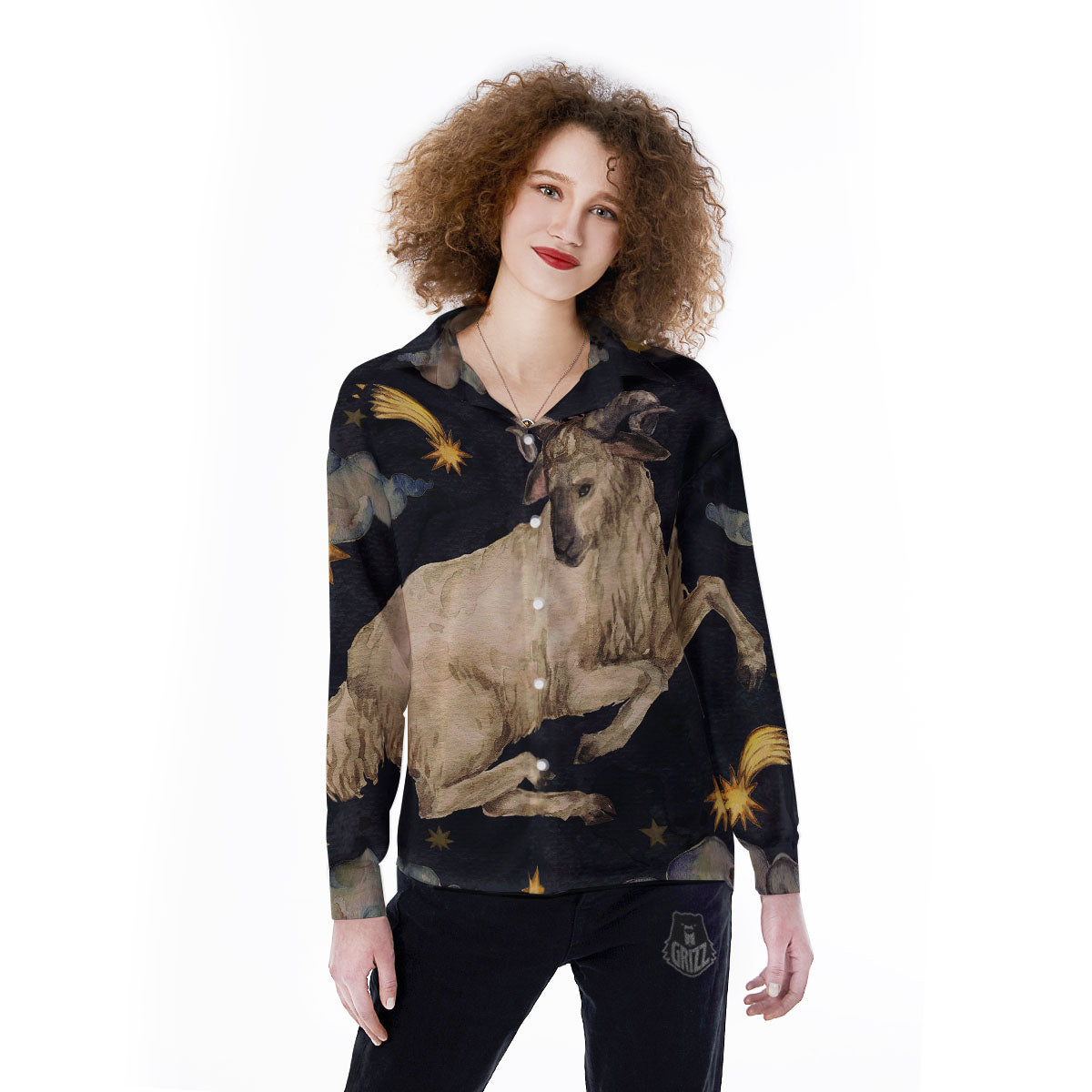 Zodiac Sign Watercolor Aries Print Women's Long Sleeve Shirts-grizzshop