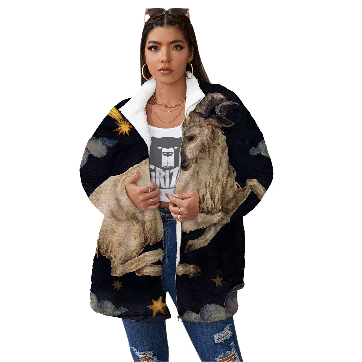 Zodiac Sign Watercolor Aries Print Women's Sherpa Jacket-grizzshop
