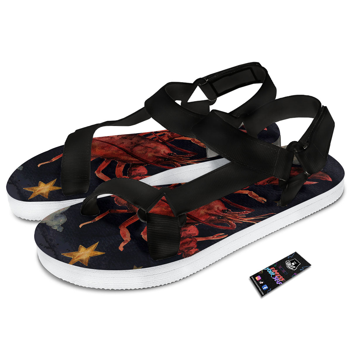 Zodiac Sign Watercolor Cancer Print Black Open Toe Sandals-grizzshop