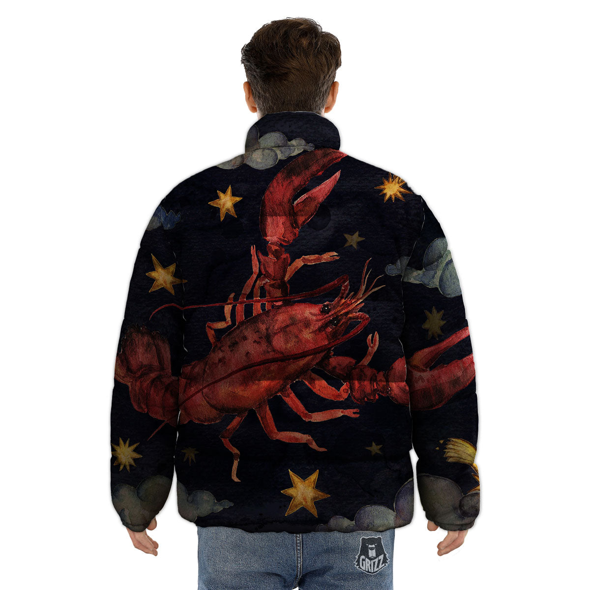 Zodiac Sign Watercolor Cancer Print Puffer Jacket-grizzshop