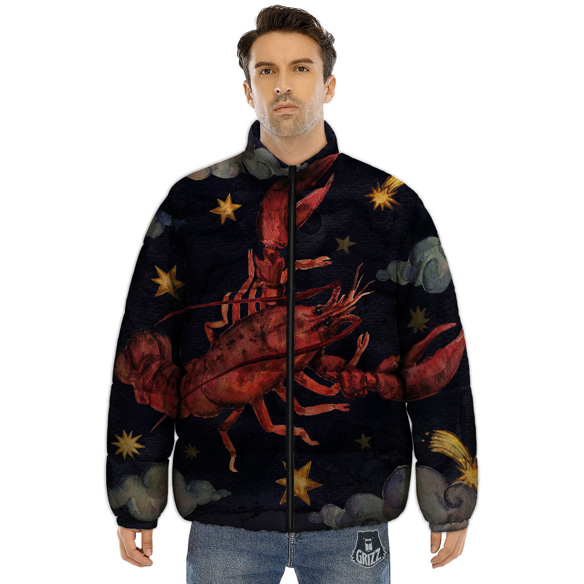 Zodiac Sign Watercolor Cancer Print Puffer Jacket-grizzshop