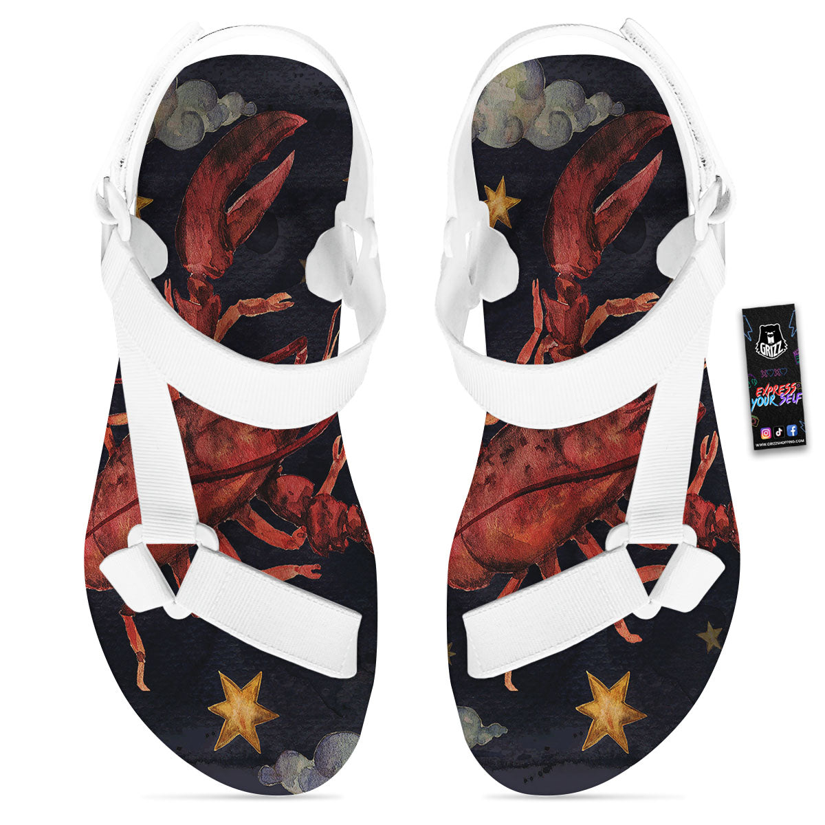 Zodiac Sign Watercolor Cancer Print White Open Toe Sandals-grizzshop