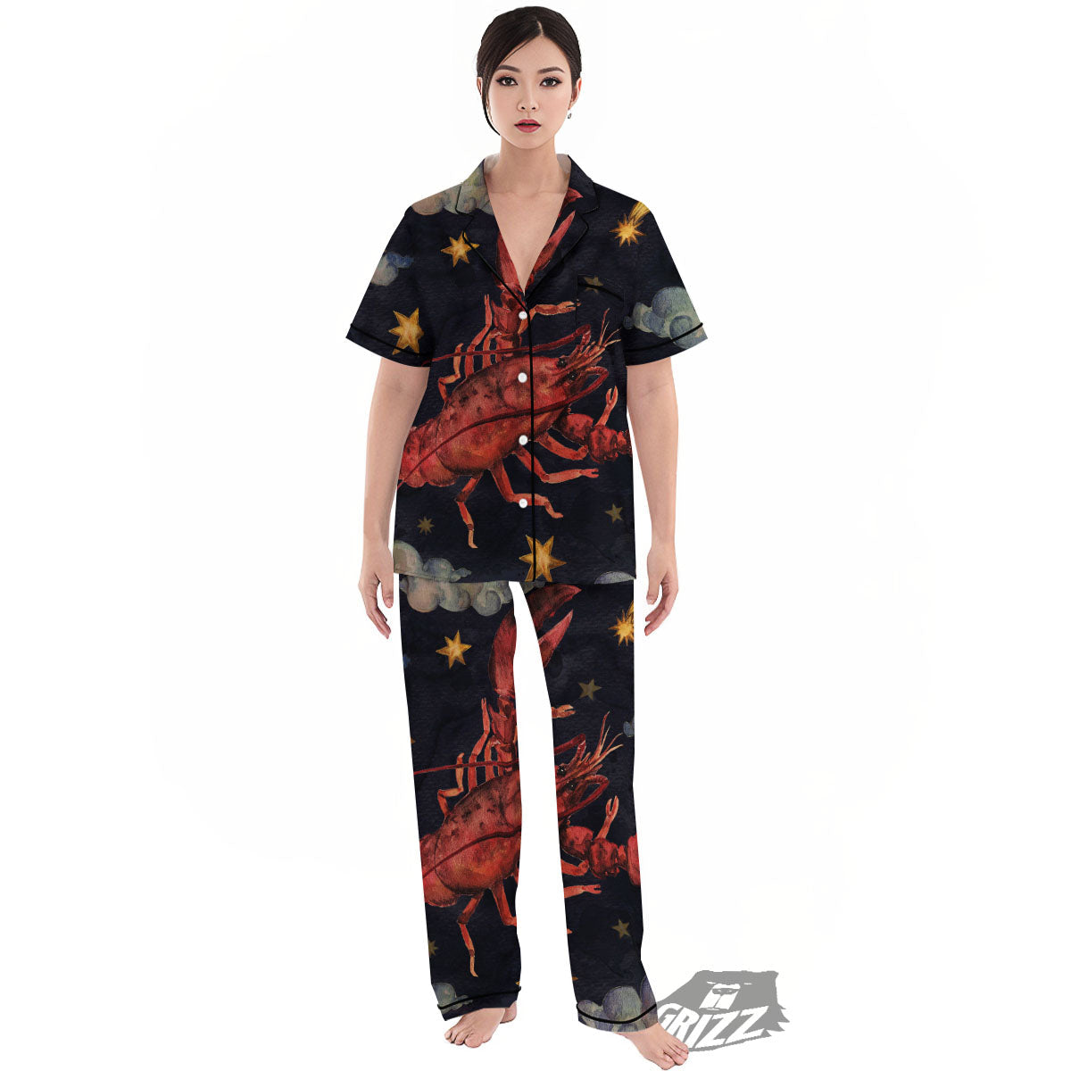 Zodiac Sign Watercolor Cancer Print Women's Pajamas Set-grizzshop