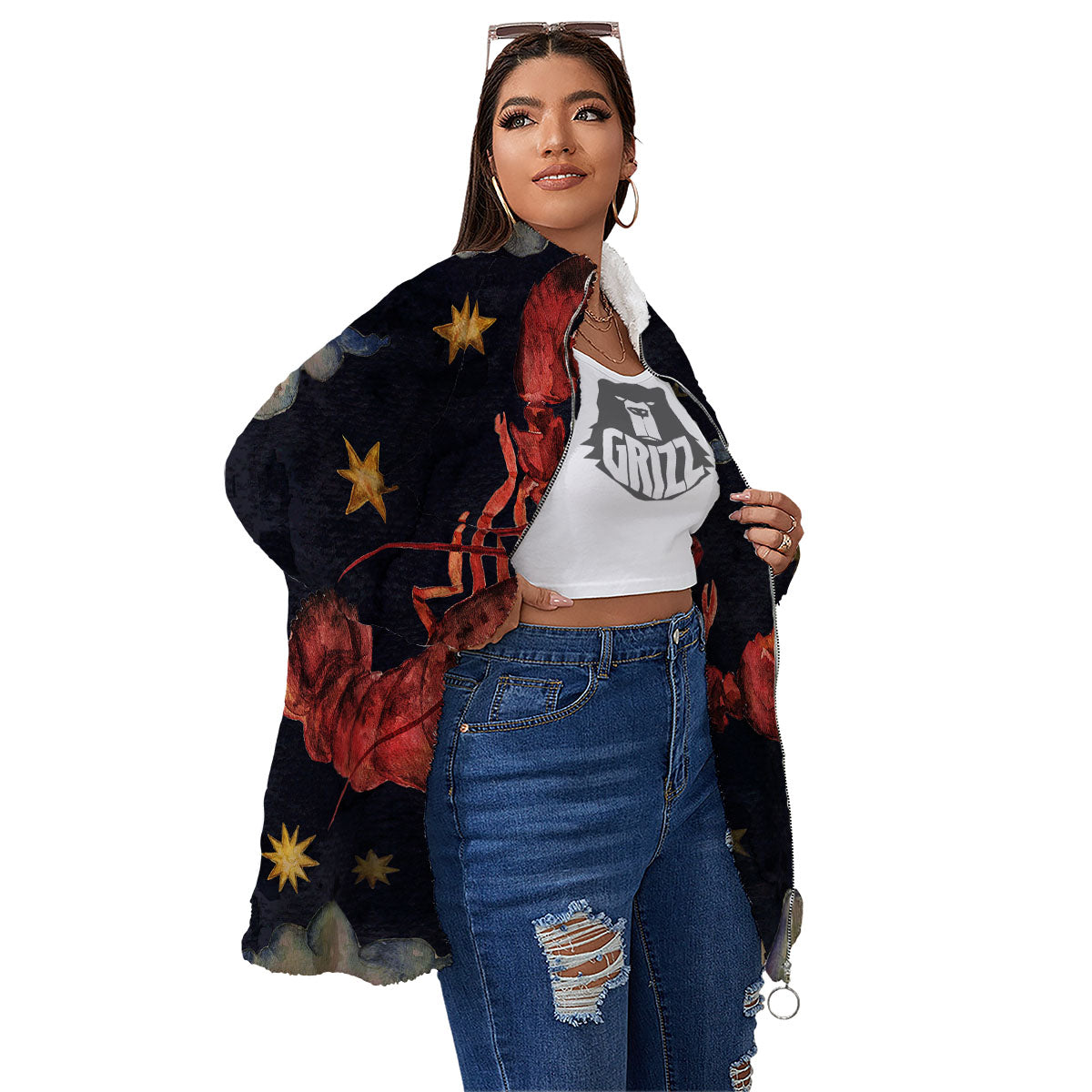 Zodiac Sign Watercolor Cancer Print Women's Sherpa Jacket-grizzshop