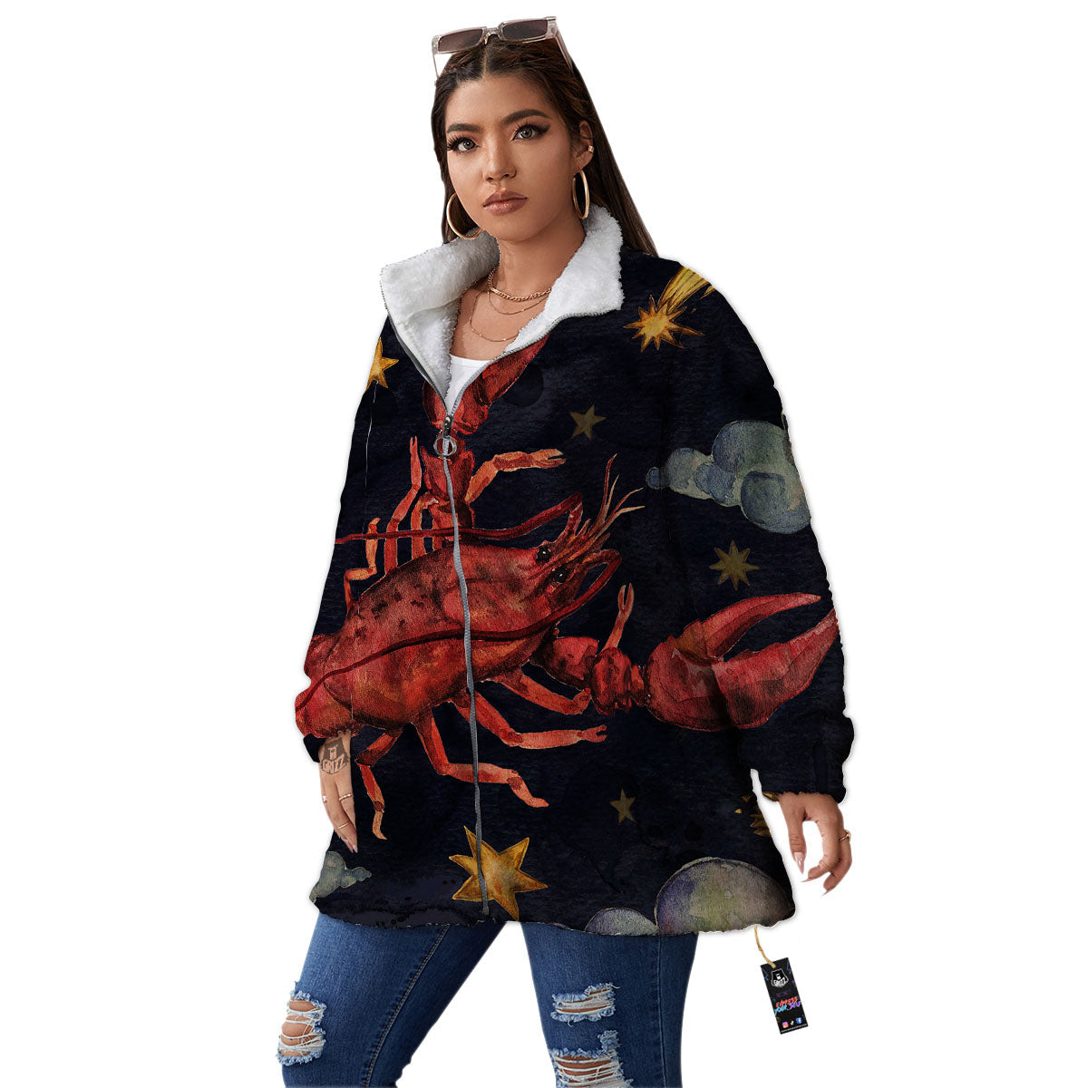 Zodiac Sign Watercolor Cancer Print Women's Sherpa Jacket-grizzshop