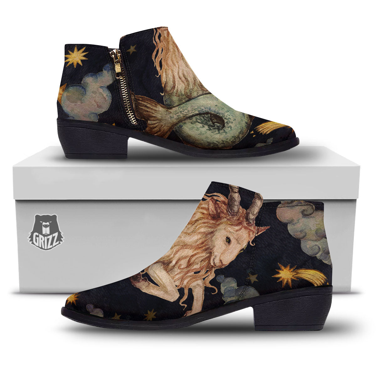 Zodiac Sign Watercolor Capricorn Print Ankle Boots-grizzshop