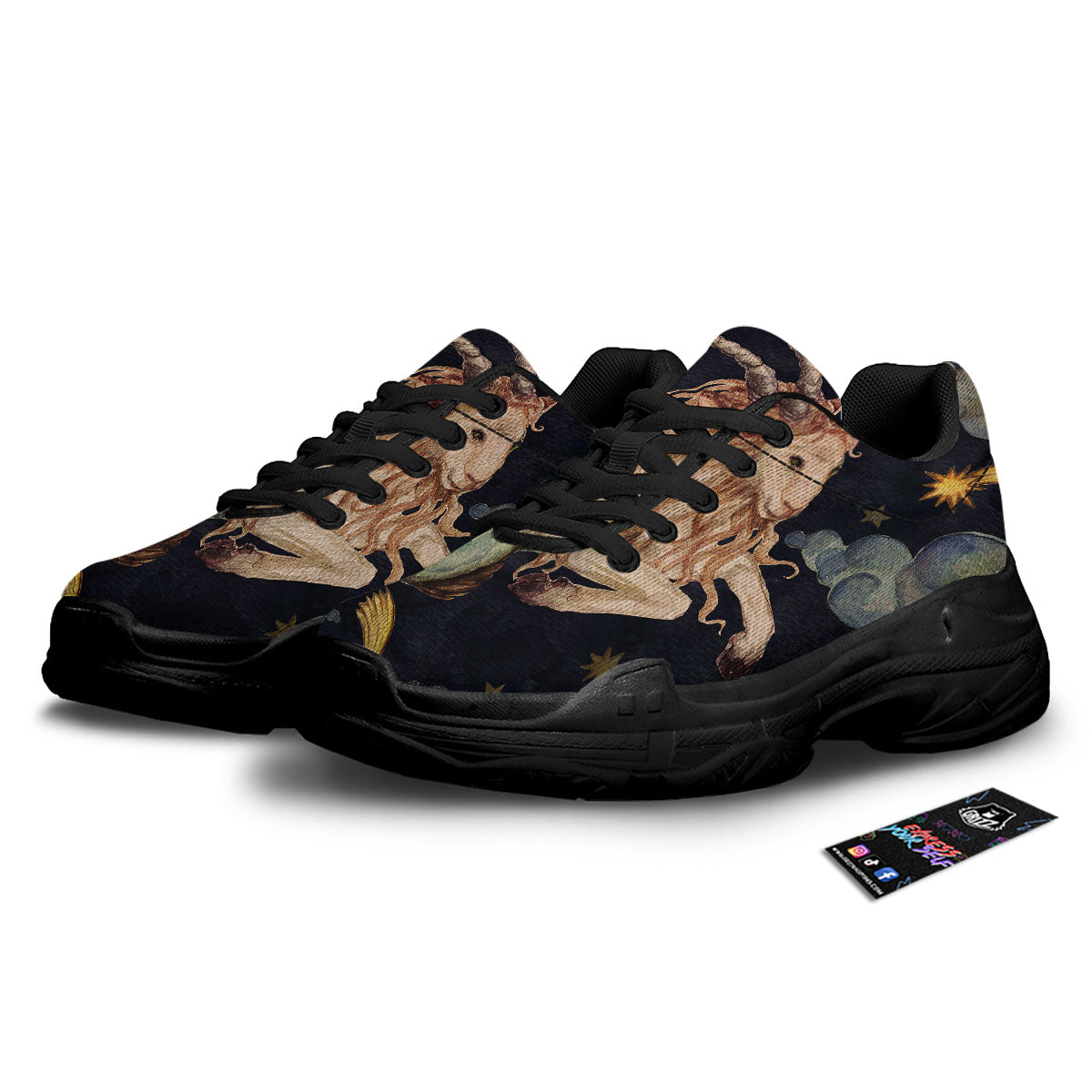 Zodiac Sign Watercolor Capricorn Print Black Chunky Shoes-grizzshop