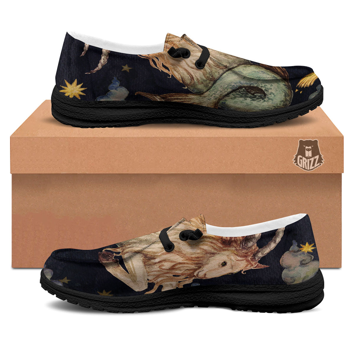 Zodiac Sign Watercolor Capricorn Print Black Loafers-grizzshop