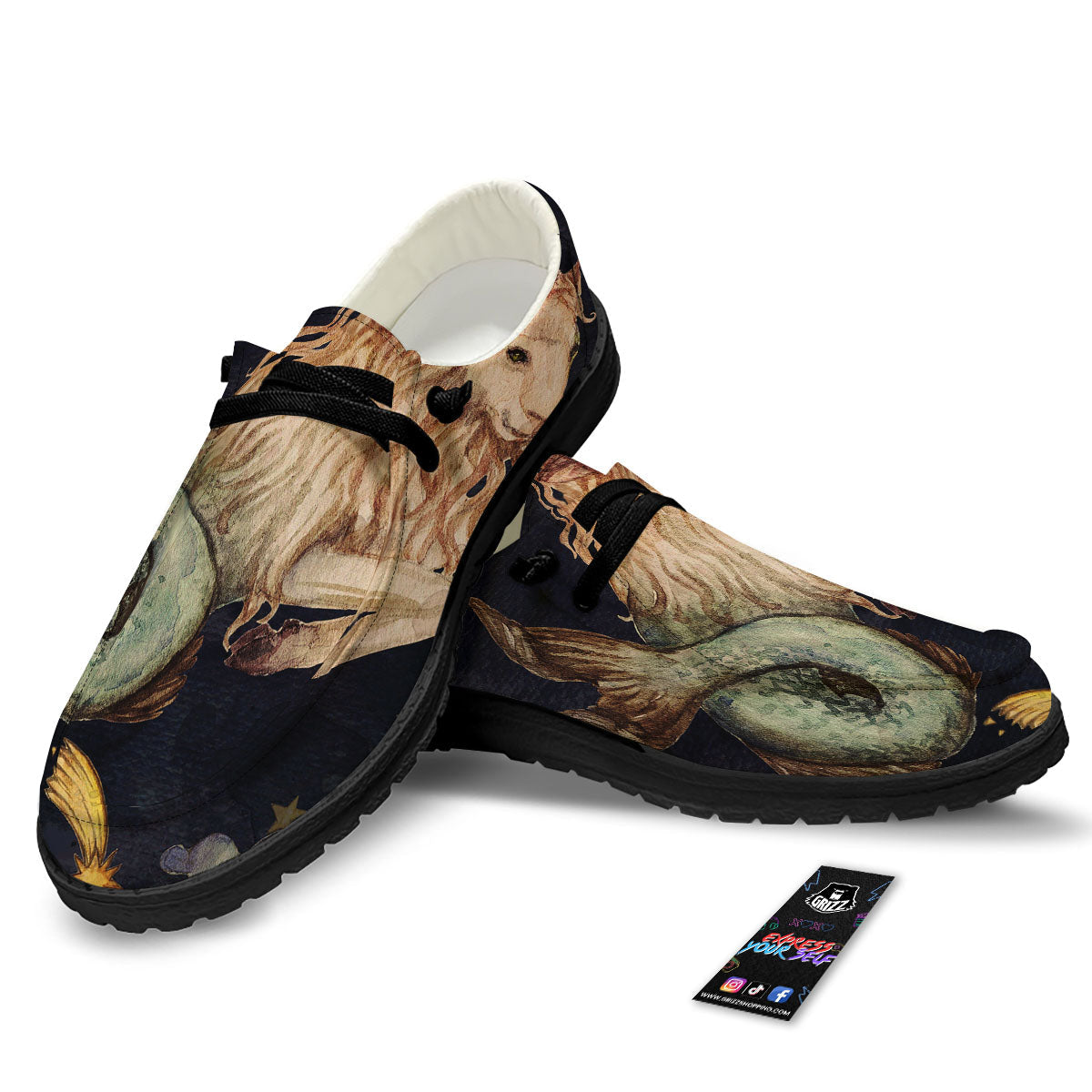 Zodiac Sign Watercolor Capricorn Print Black Loafers-grizzshop