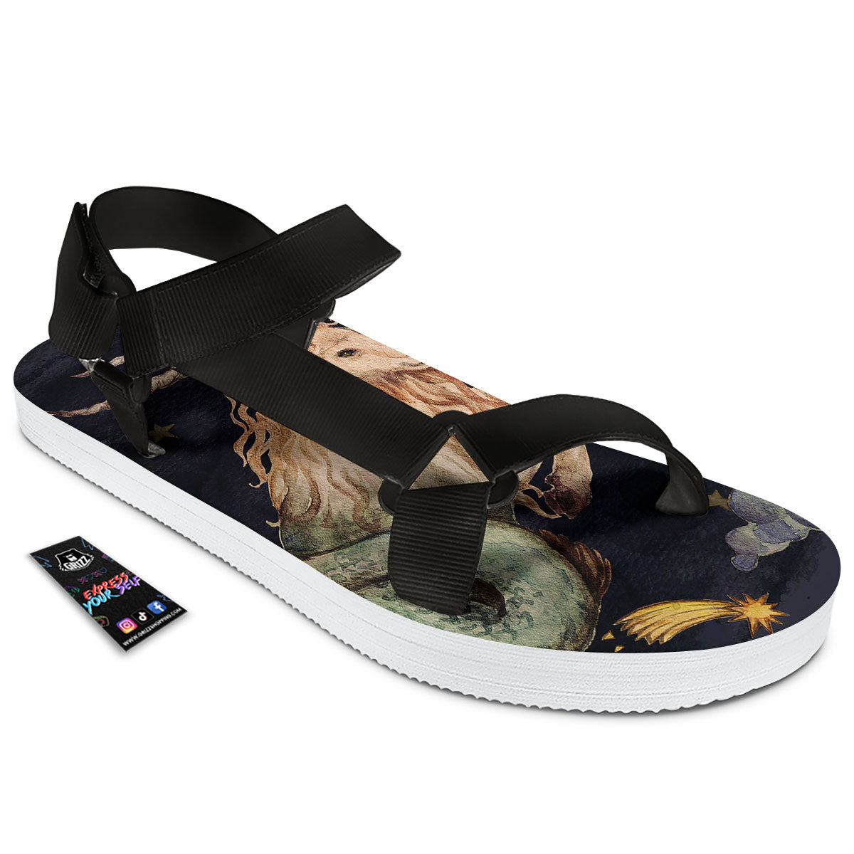 Zodiac Sign Watercolor Capricorn Print Black Open Toe Sandals-grizzshop