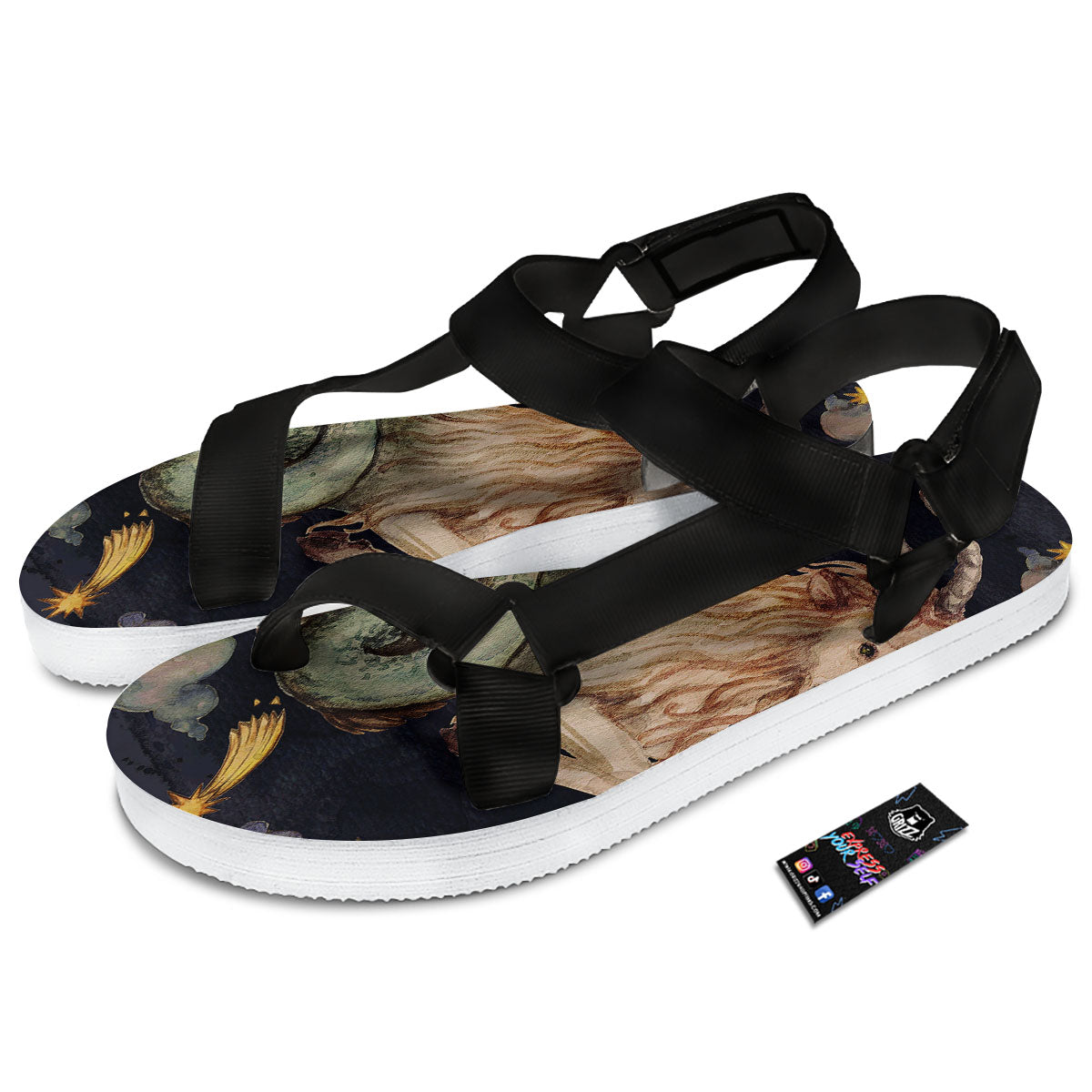 Zodiac Sign Watercolor Capricorn Print Black Open Toe Sandals-grizzshop
