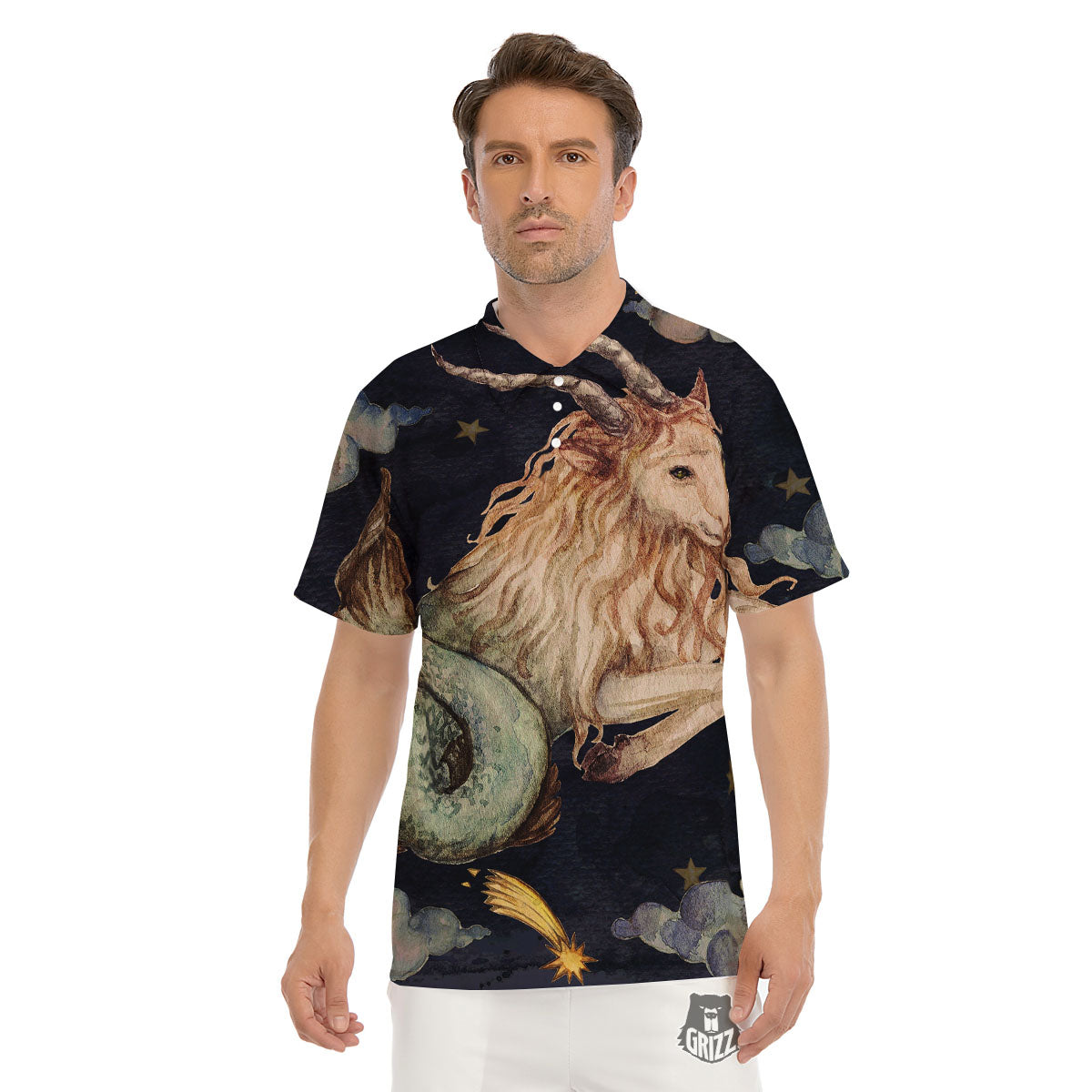 Zodiac Sign Watercolor Capricorn Print Men's Golf Shirts-grizzshop