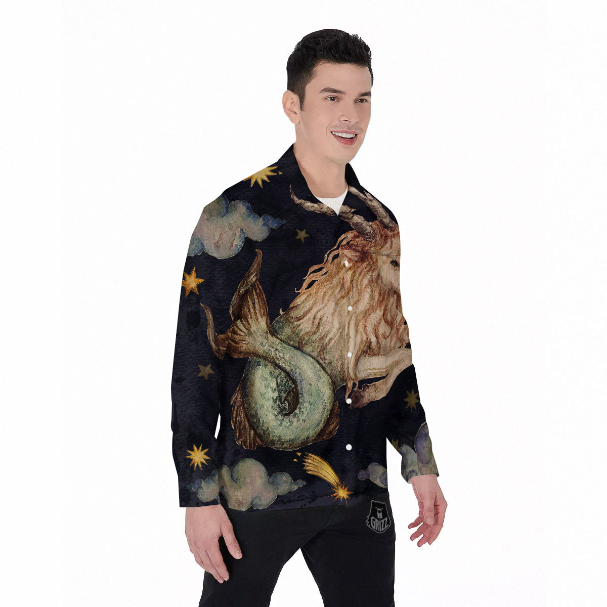 Zodiac Sign Watercolor Capricorn Print Men's Long Sleeve Shirts-grizzshop