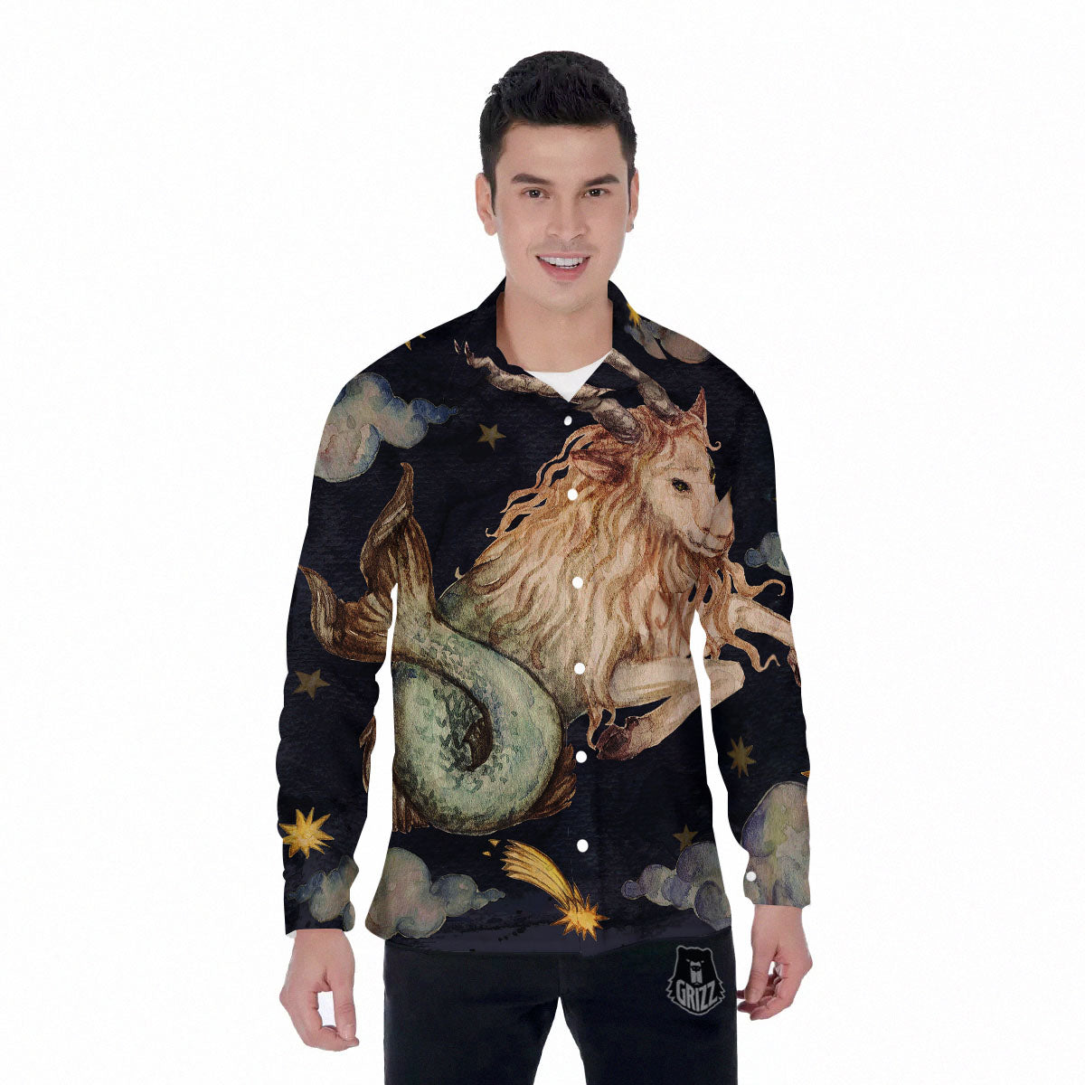 Zodiac Sign Watercolor Capricorn Print Men's Long Sleeve Shirts-grizzshop
