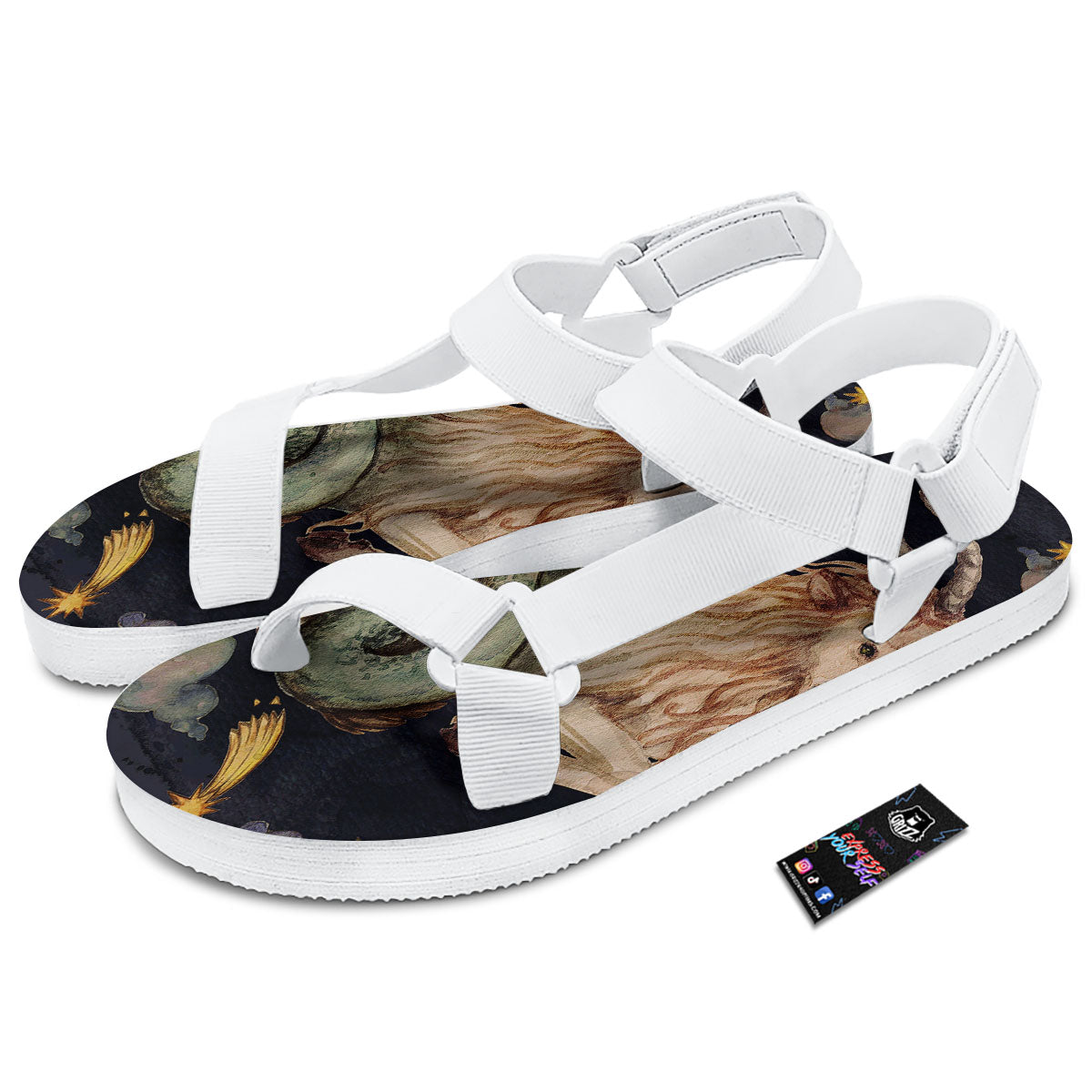 Zodiac Sign Watercolor Capricorn Print White Open Toe Sandals-grizzshop