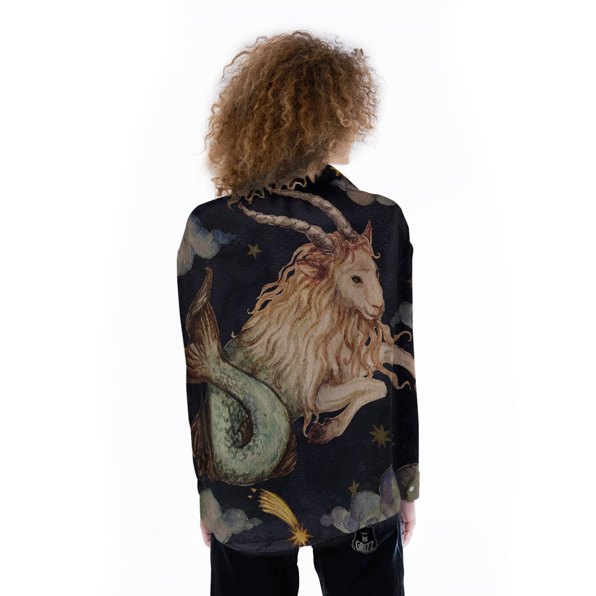 Zodiac Sign Watercolor Capricorn Print Women's Long Sleeve Shirts-grizzshop