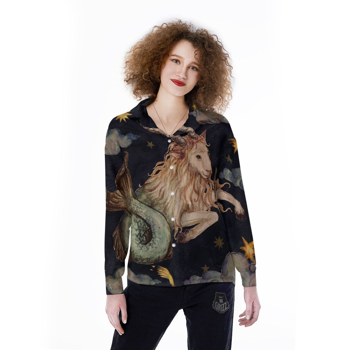 Zodiac Sign Watercolor Capricorn Print Women's Long Sleeve Shirts-grizzshop