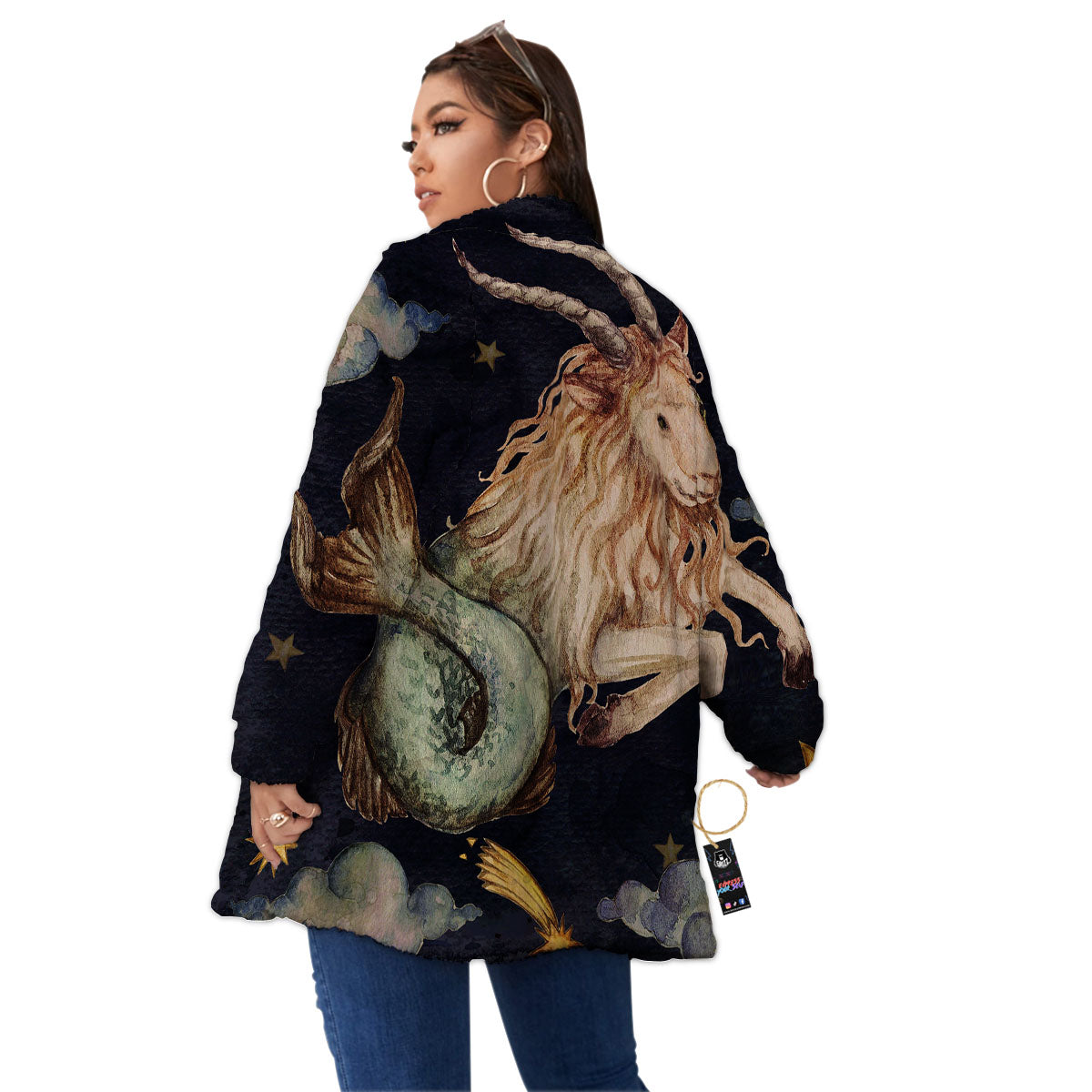 Zodiac Sign Watercolor Capricorn Print Women's Sherpa Jacket-grizzshop