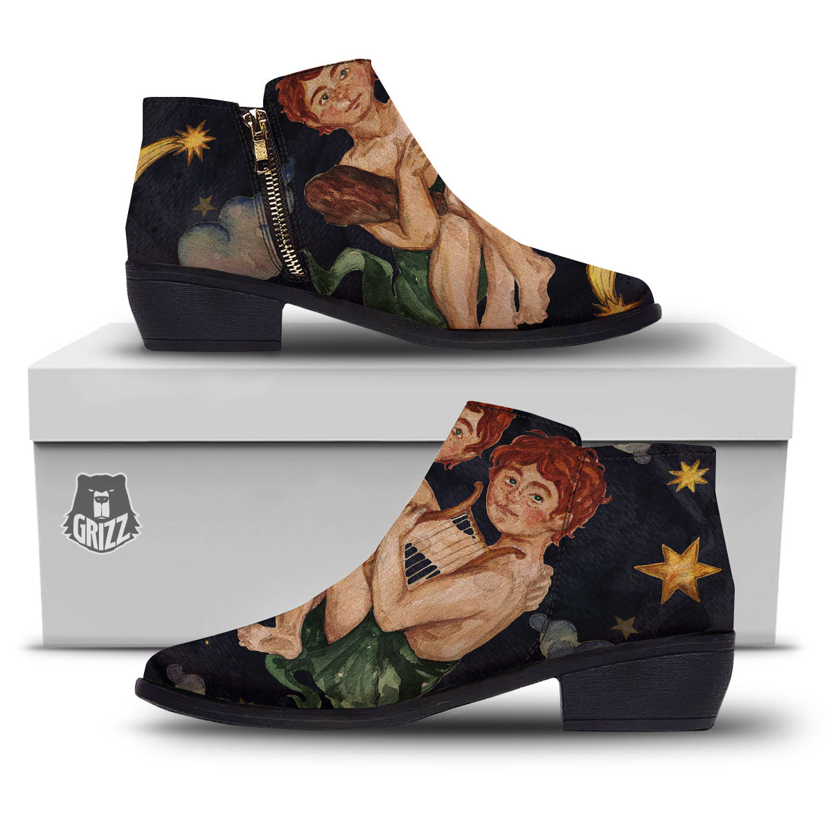 Zodiac Sign Watercolor Gemini Print Ankle Boots-grizzshop