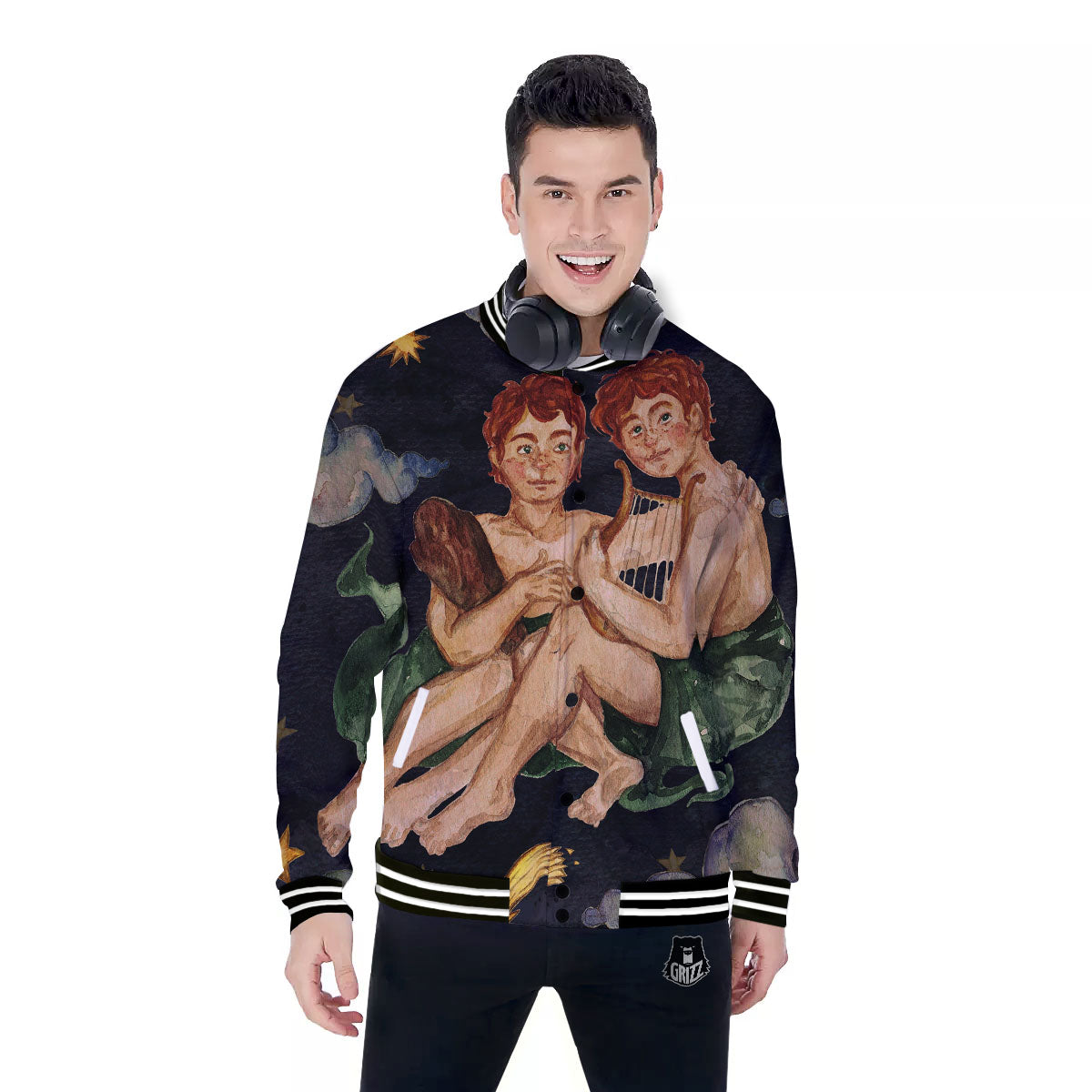 Zodiac Sign Watercolor Gemini Print Baseball Jacket-grizzshop